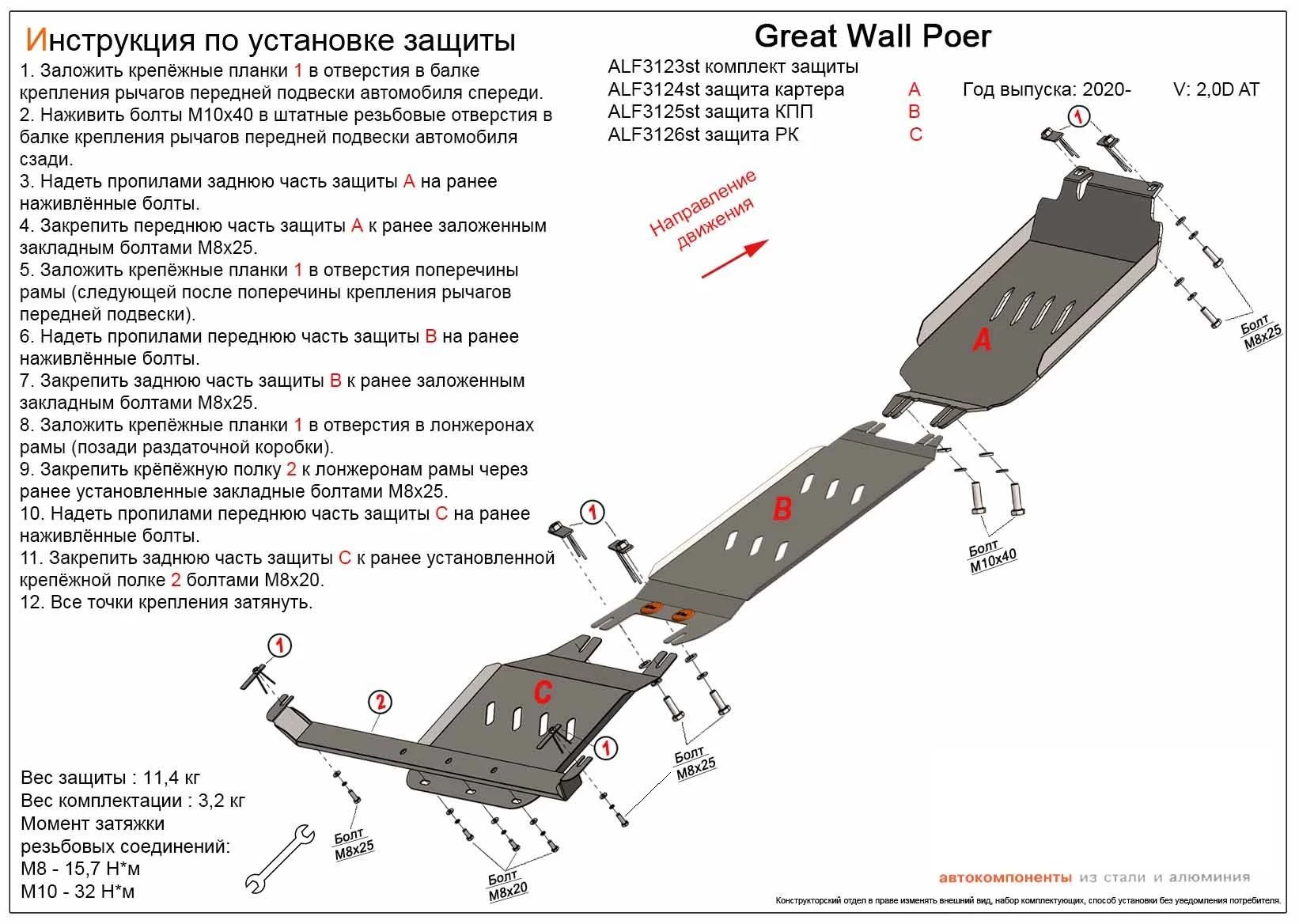 Комплект защит (картер, КПП и РК (3 части)) для Great Wall Poer I